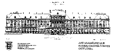 Skizze der Außenansicht des Ulmer Gerichtsgebäudes aus den Bauplänen